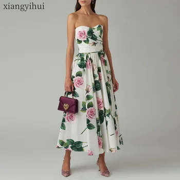 

Floral Design Women White Print Dress Sexy Summer Off the Shoulder Elegant Dress High Waist Strapless Vintage Dresses Vestidos