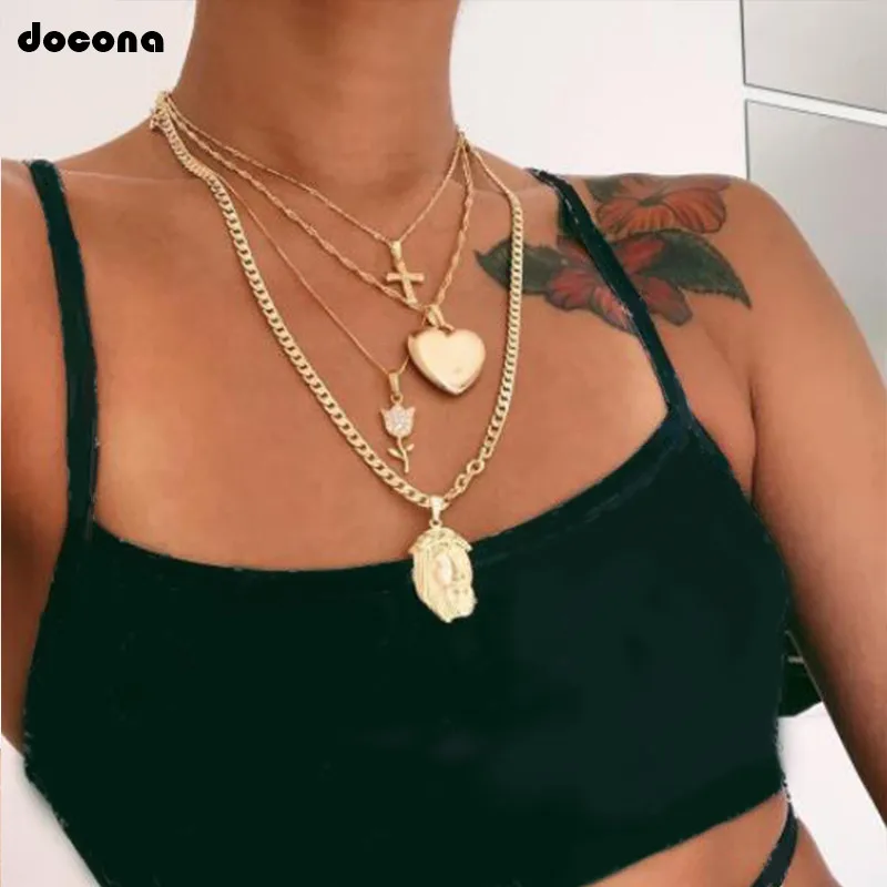

Docona Punk Gold Color Cross Heart Face Pendant Necklace for Women Alloy Flower Multilayer Necklaces Collares 8520
