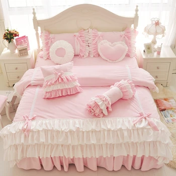 

Korean Princess Girl Fleece Fabric Bedding Set Pink White Ruffle Bow Duvet Cover Winter Warm Thicken Velvet Bed Skirt Pillowcase