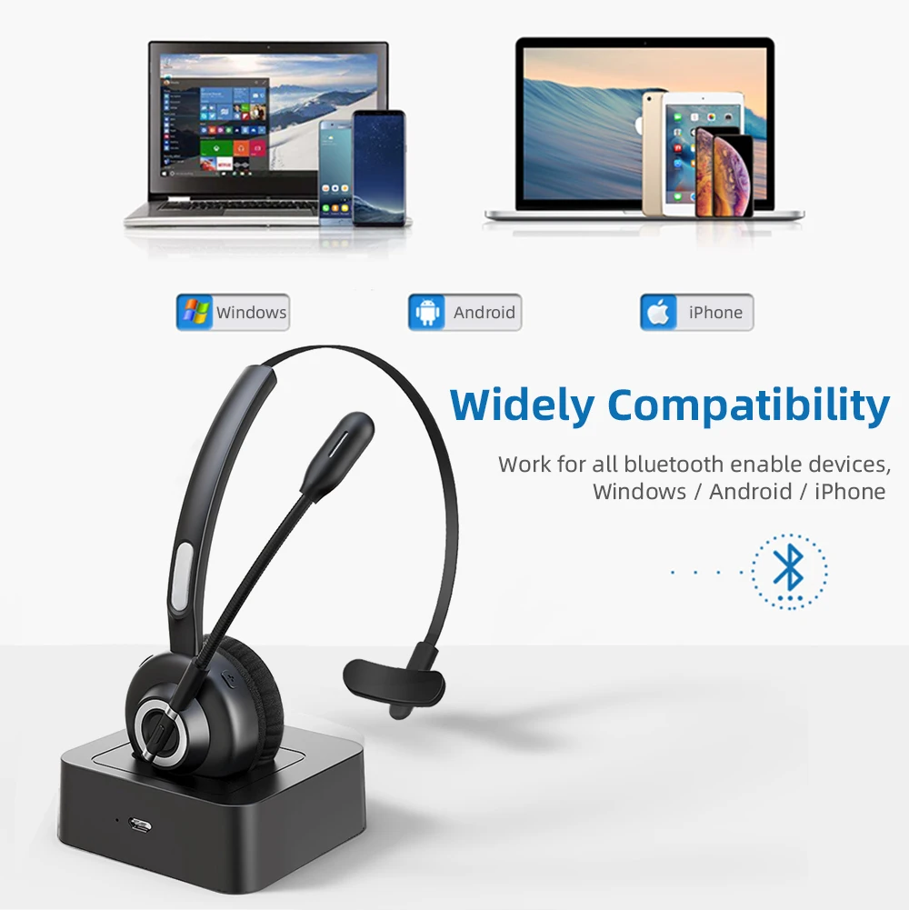 Monaural Bluetooth Wireless Noise Cancelling Headphones Call Center VOIP Headset for Office Telephone Operator with Microphone