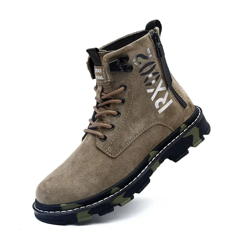 New Genuine Leather Shoes Men Boots Martin Boots Motorcycle Shoes Autumn Winter Shoes Lover Snow Boots Camouflage Big Size - Color: ArmyGreen NO plush