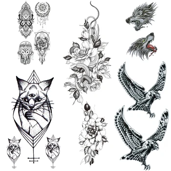 

Snake Flower Temporary Tattoos For Women Black Henna Lace Tattoo Sticker Geometric Cat Eagle Lion Tatoo Body Art Chest Hand Plum