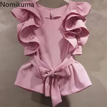 

Nomikuma Butterfly Short Sleeve Women Tops Blouses Korean Sweet Sashes Slim Waist Shirts 2020 Summer Fashion Blusas Femme 3Z481