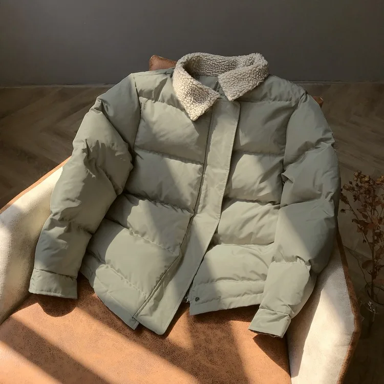 Зеленый CRRIFLZ, новинка, женские зимние куртки, короткие, теплые, утолщенные, пуховик, для женщин, короткие, из овечьей шерсти, с отворотом, пуховики, куртки, повседневные, одноцветные, пальто - Цвет: Зеленый