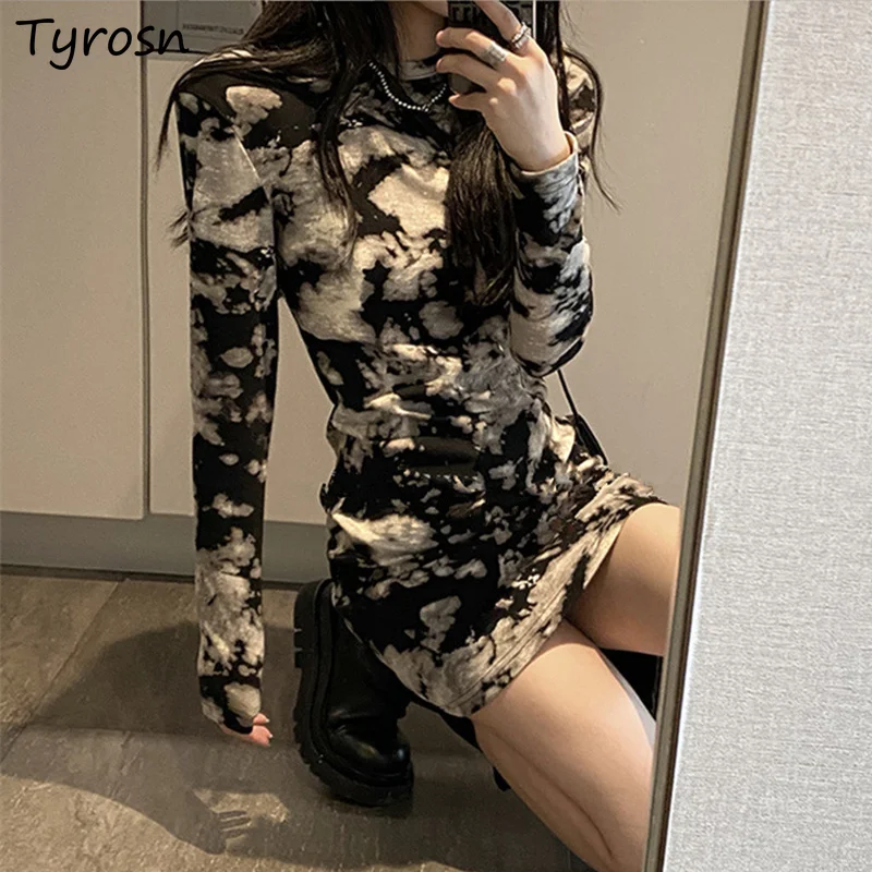 

Tie Dye Long Sleeve Dress Women Design Streetwear French Style Trendy O-neck Slim Sexy Mini Dresses Empire Sheath Vestidos Mujer