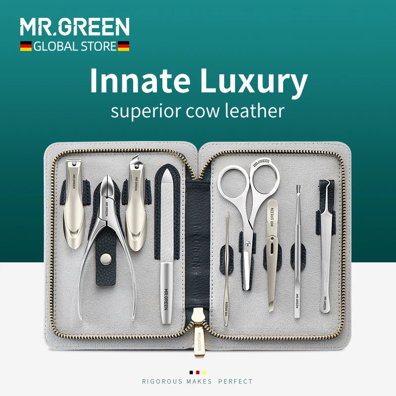 

Маникюрный набор MR.GREEN, набор ножниц хирургического класса для нержавеющая сталь кусачки для ногтей, полностью зернистая коровья кожа, пакет для педикюра, роскошный