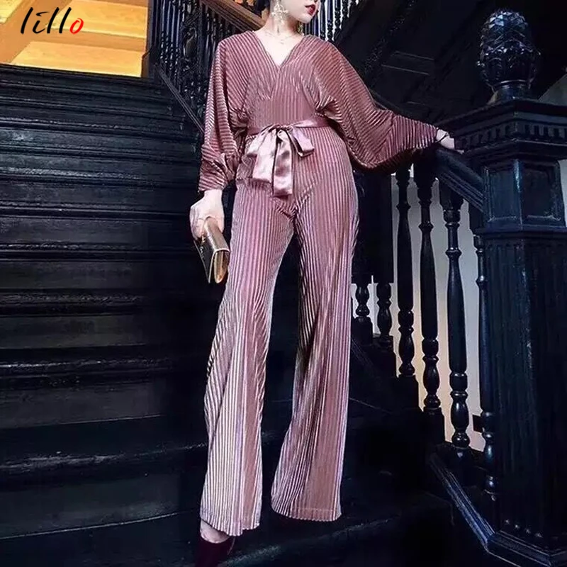 

Deep v-neck bow tie jumpsuit 2019 autumn new jumpsuit fashion solid color one-piece long-sleeved jumpsuit elegant temperament