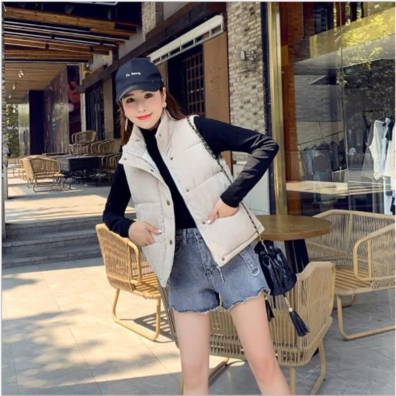 corduroy Autumn Winter Women Vest Fashion Down Cotton Waistcoat Female Stand-Collar Slim Button Short Vest Mujer M063