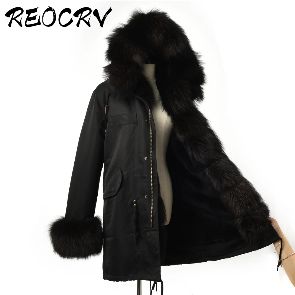 

REOCRV Black Jacket Woman Real Fur Parka Natural Fox Fur Parka Rex Rabiit Fur Coat Plus Size Winter Coat Women Waterproof Parkas