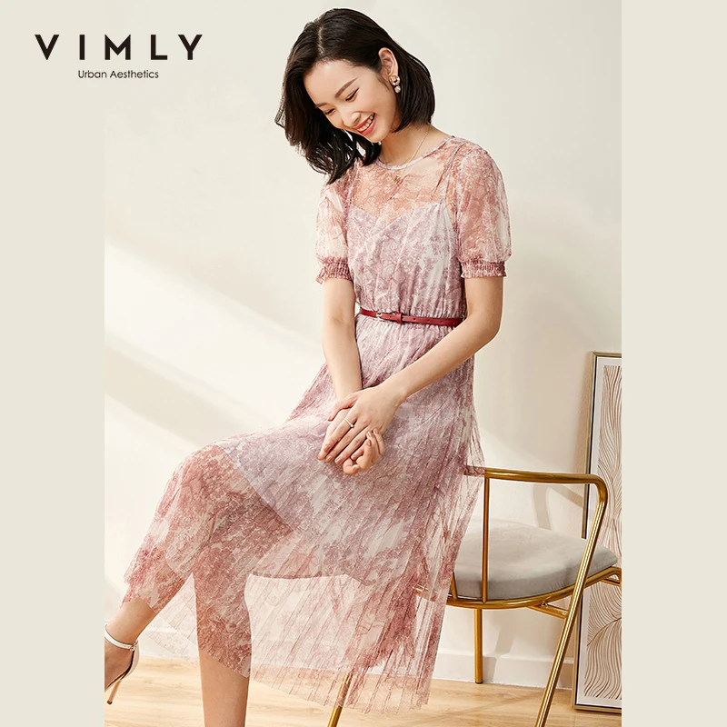 Женское Сетчатое платье Vimly элегантное офисное с круглым вырезом и пышными