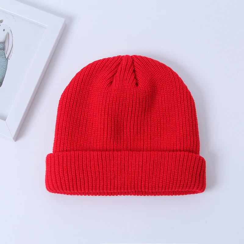 Зимняя Лыжная шапка ребристый трикотажный с манжетами короткая Дыня хип хоп Skullies Beanie теплая вязаная шапка мужские зимние шапки для мужчин - Цвет: Красный