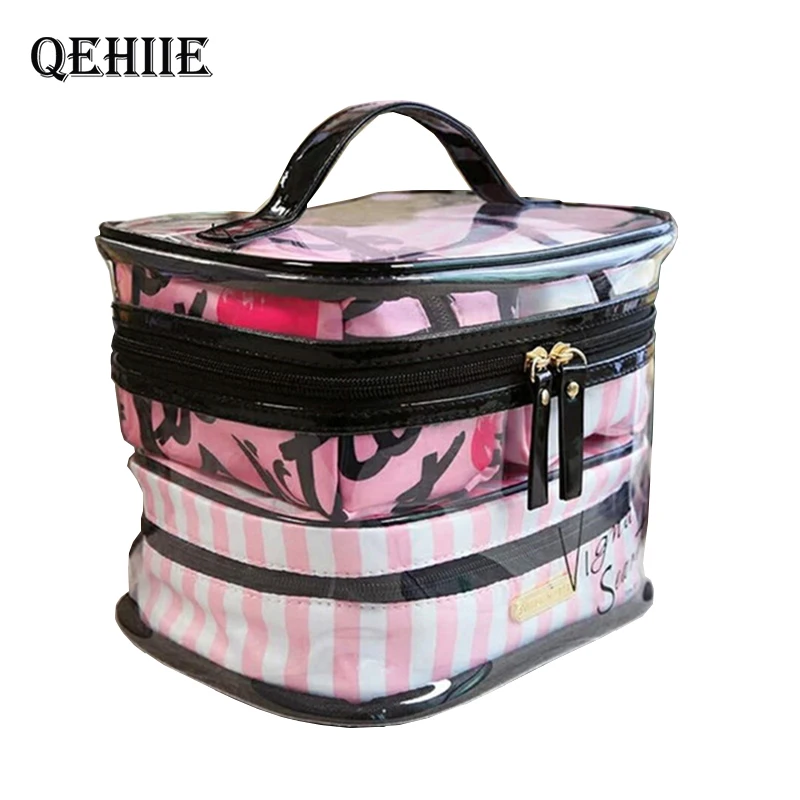 Billig Klar Make Up Fall 4 Pcs Transparent PVC Kosmetik Tasche Frauen Rosa Reise Kulturbeutel Organizer Schönheit Make Up taschen Kostenloser Versand