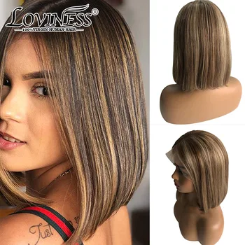 

13*6 Highlight 150% Density Balayage Short Bob Wig Lace Front Human Hair Wig Ombre Brazilian Virgin Remy Baby Hair Black Women