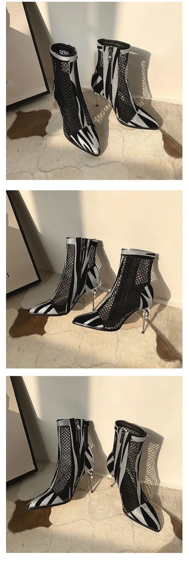 2020 Summer Zebra Print Ankle Boots For Woman Lace Mesh Hollow Cutout Lady Shoes Boots Rhinestones High Heel Sandals Big Size 50 (2)