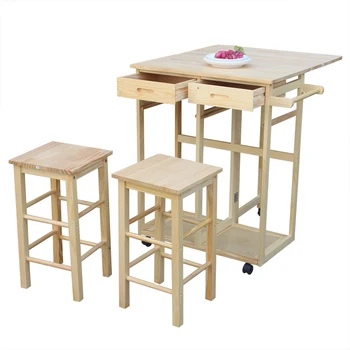 

(81.5 x 39.5 x 83)cm FCH Square Solid Wood Folding Dining Cart with 2 Free Stools Natural