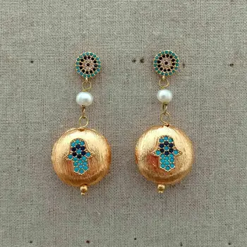 

White Pearl Gold Plated CZ Hamsa Stud Earrings