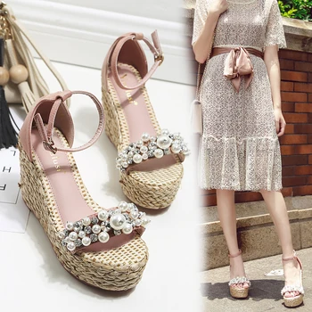 

2020 summer new bandage pearl rhinestone wedge slippers female waterproof platform thick bottom open toe high heel sandals