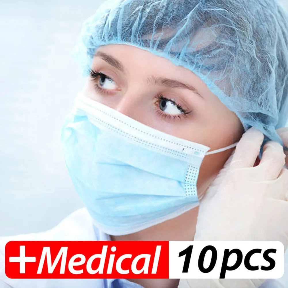

10 Pcs Disposable Masks 3 Layers Face Mask Facial Protective Cover Set Anti-Virus Surgical Medical Salon Earloop