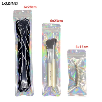 

200pc Holographic Laser Aluminized Ziplock Bag Jewelry Hairpin Sealed Bags Food Grade Packaging Foil Plastic Bag With Hang Hook