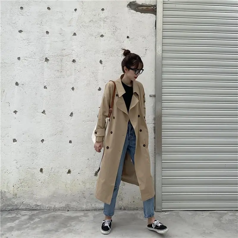 

Tide Autumn Slim Double Breasted Oversized Trench Coat Casual Solid Lapel Windbreaker Loose Sashes Pockets Long Outerwear