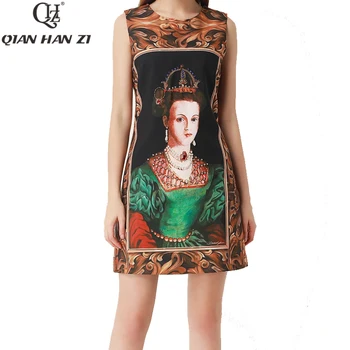 

Qian Han Zi 2020 designer runway summer dress Women's sleeveless pattern printing Beaded vintage mini dress vestidos