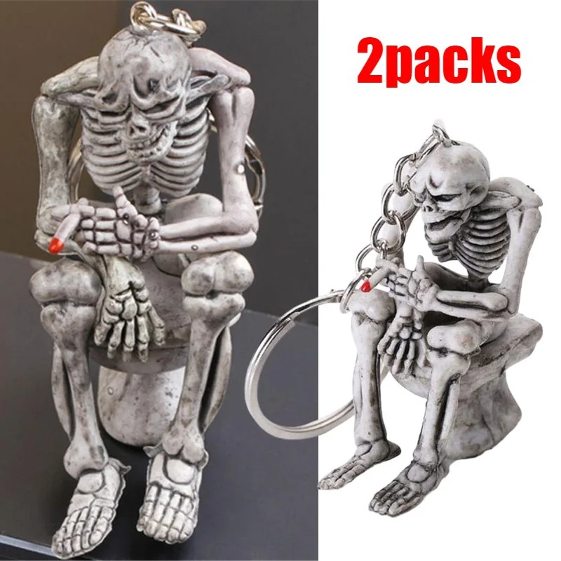 2Pcs Halloween Keychain Horror Personality Skeleton Skull Sitting on the Toilet Keyring Pendant Men's Jewelry Purse Car Keychain