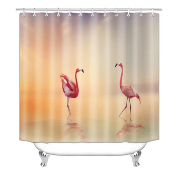 

Flamingo Print Shower Curtain 4 Piece Carpet Cover Toilet Cover Bath Mat Pad Set Bathroom Curtain with 12 Hooks