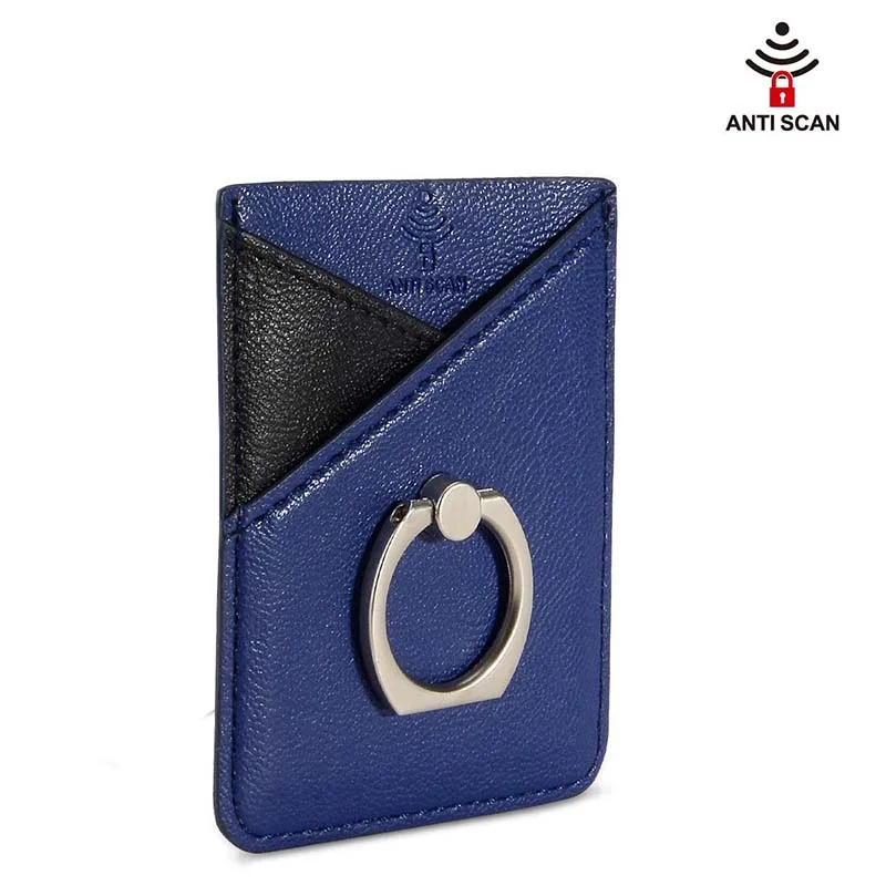 blue Men Women Credit ID Card Holder Cell Phone Wallet for Men Pocket Stick On Adhesive with Finger Ring Kickstand Secure Grip RFID - Цвет: blue