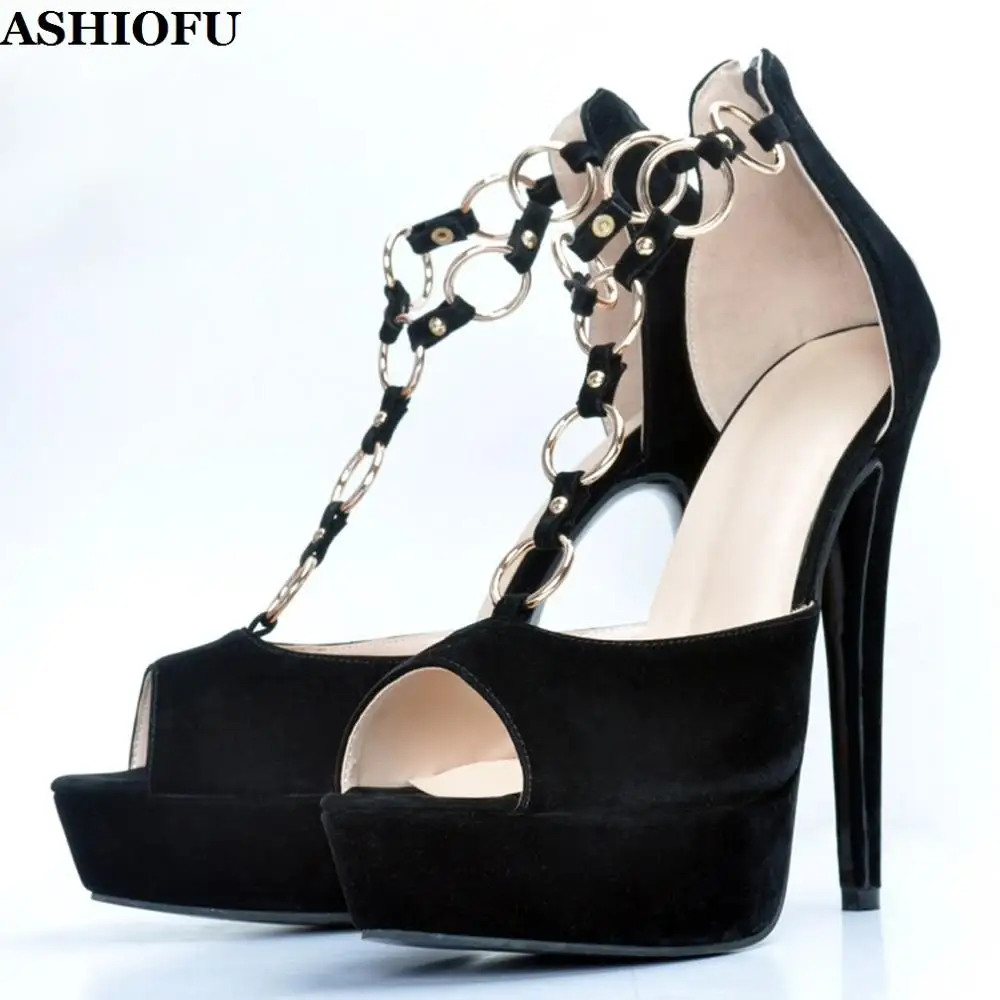 

ASHIOFU Handmade Women High Heel Sandals T-strap Peep-toe Party Prom Dress Shoes Ring-chains Sexy Evening Fashion Sandals XD111