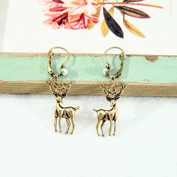 

Vintage Gold Color Animal Elk Antlers Imitation Pearl Drop Earrings For Women Gifts Fashion Jewelry Wholesale
