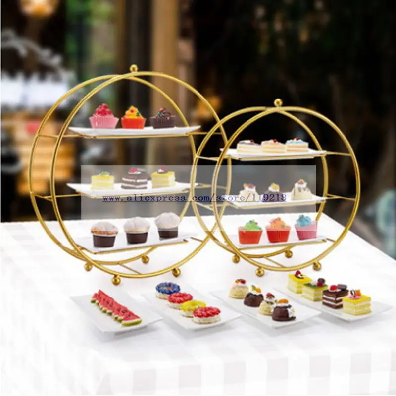 Goldplated Round Tea Break Buffet Display Pastry Rack Threetier Sushi