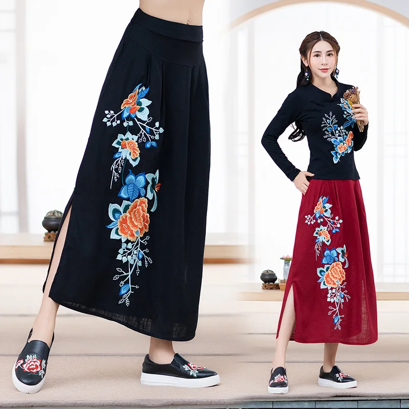 

2018 New Style Large Size Dress Spring And Autumn Ethnic Embroidery Series Cotton Linen Skirt