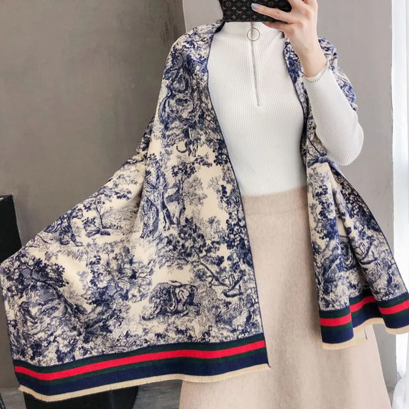 Luxury Winter Women Blue and white porcelain Brushed Cashmere Scarf Ladies Brand Warm ShawlLarge Pashmina Travel Blanket Wraps