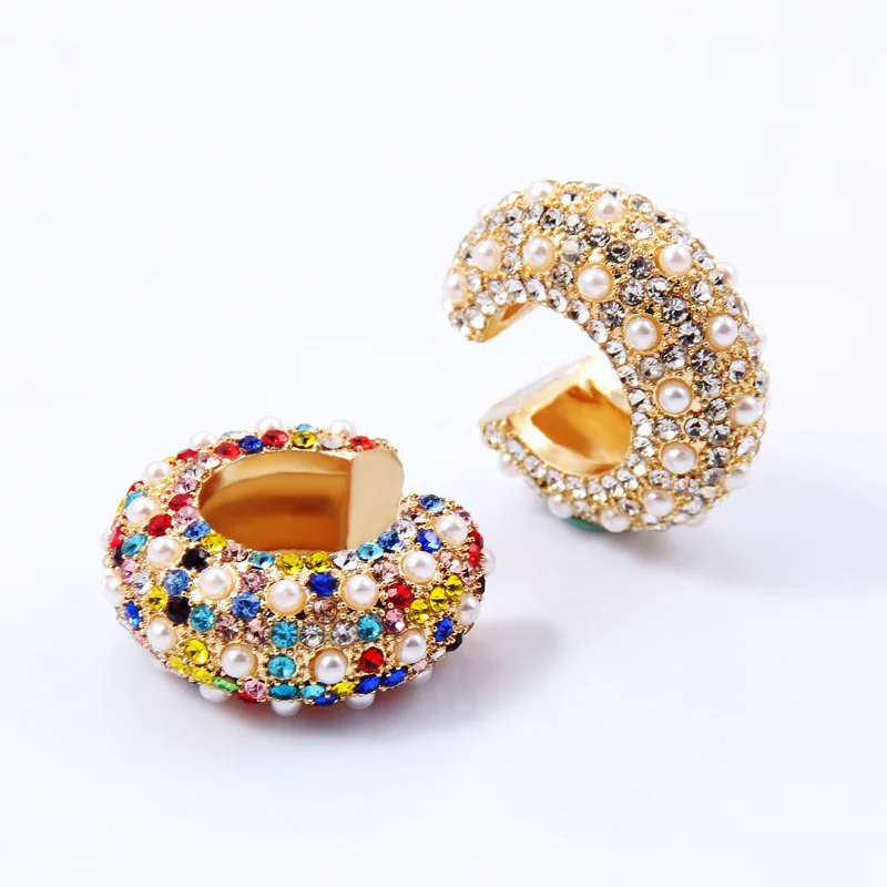 

FFLACELL New Metal Small Hoop Earrings for Women Round Circle Imitation Pearl Rhinestone Huggies Clip Earrings Fashion Jewelry