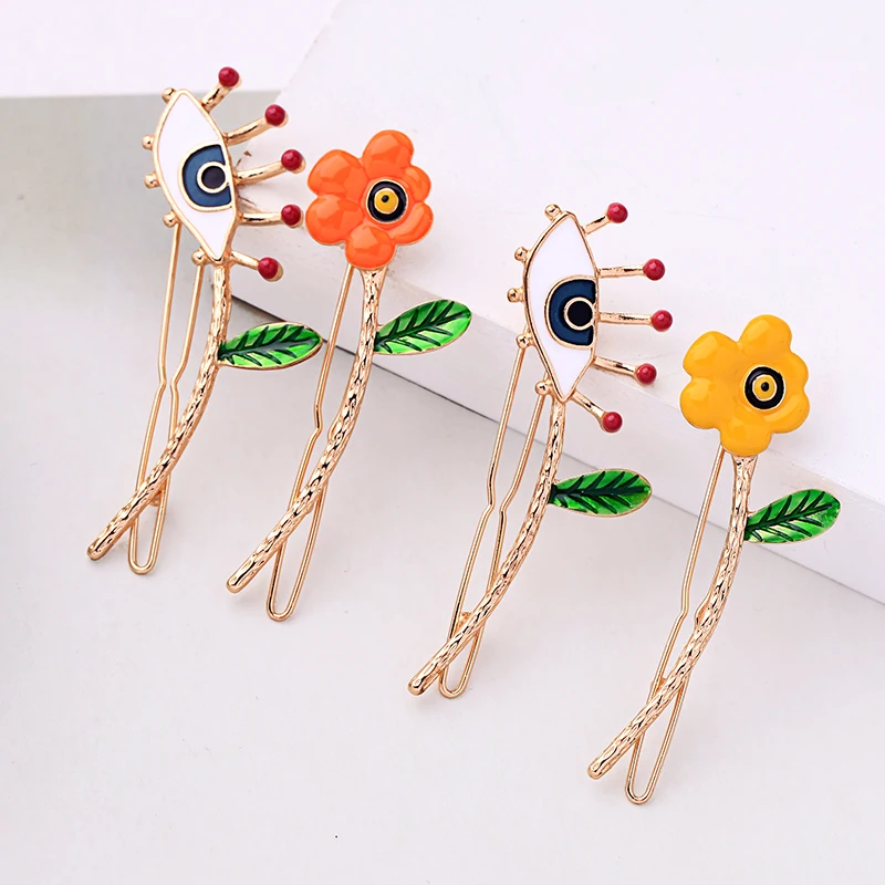 F.J4Z Hot Fashion Hair Clips for Women Designer Enamel Eye Flower Hairgrips Ins Girls Hair Jewelry Accessories Palillos del pelo