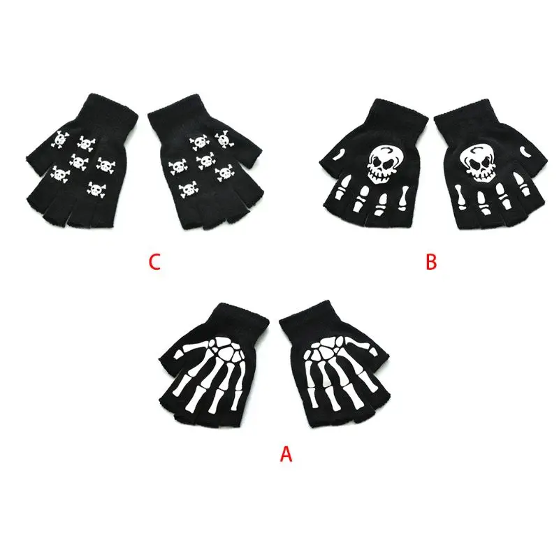 Unisex Adult Halloween Skeleton Skull Half Finger Gloves Glow in the Dark Fingerless Stretch Knitted Winter Mittens