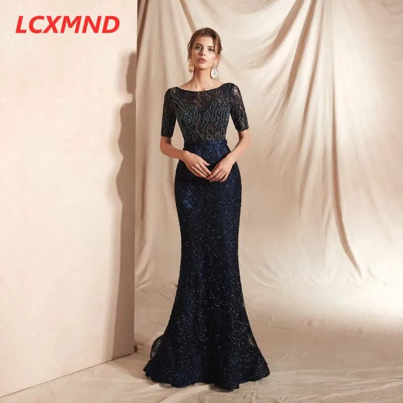 Кружевные вечерние платья с короткими рукавами и вырезами, длинные, Vestido de Festa, Русалка отделка бисером, вечернее платье для выпускного бала, платья