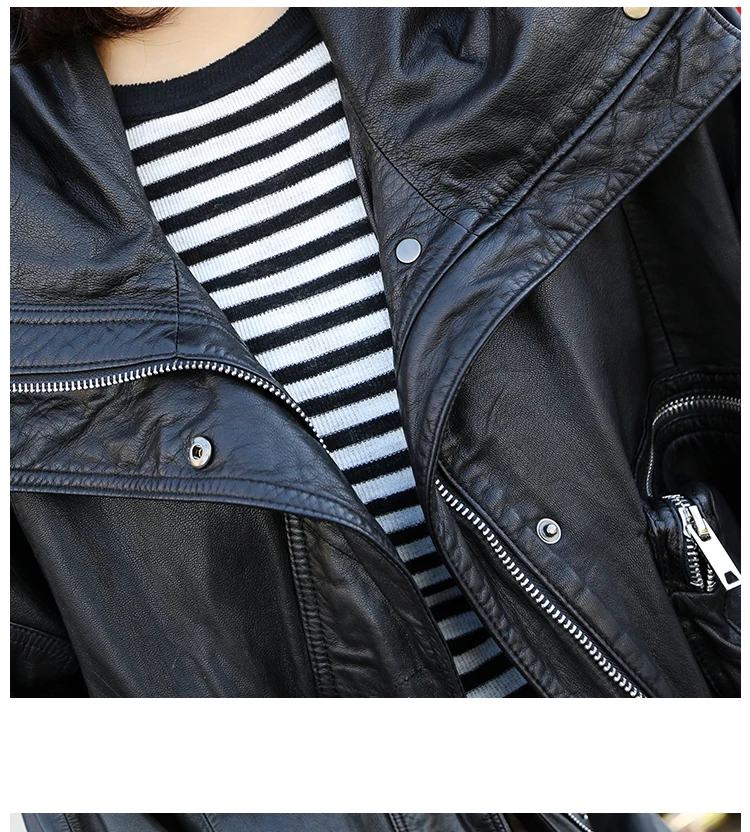Genuine Leather Jacket Drop Shoulder Batwing Sleeve Hooded Jacket Coat Women Autumn Black Casual Plus Size Safair Style Outwear