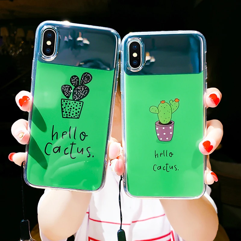 

Luxury Flower Cactus Makeup Mirror Glitter Case For iPhone X XR XS Max Silicone Cover Cactus Plants Soft MID Glossy Phone Cases