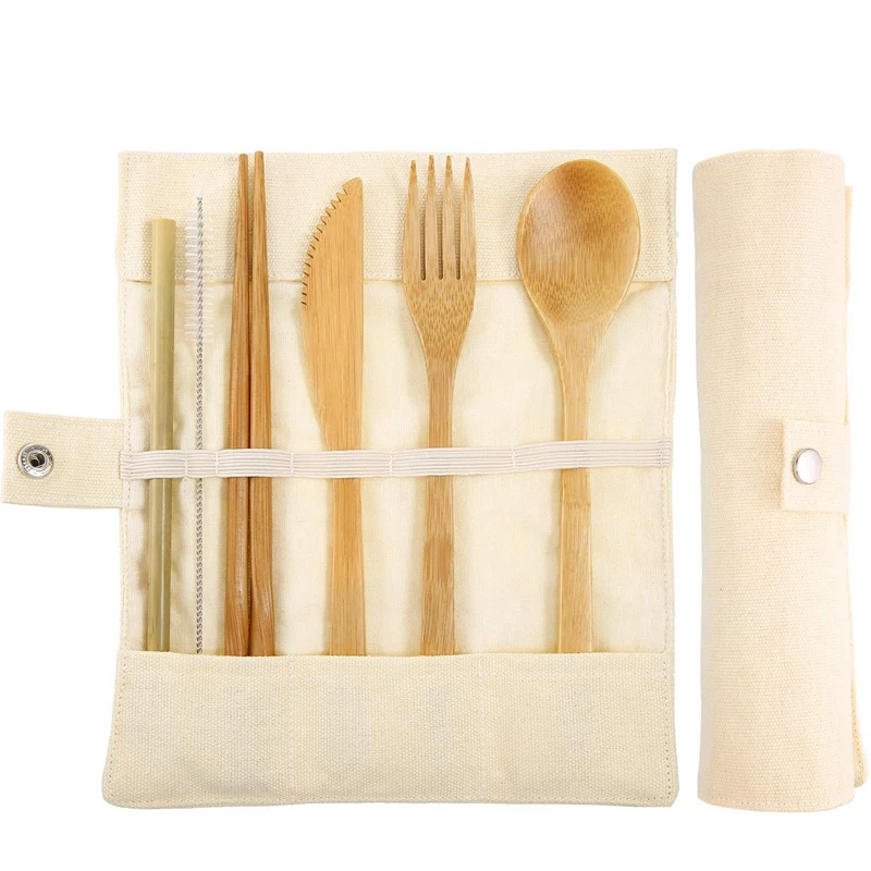 2 Set Bamboo Cutlery Flatware Set Bamboo Travel Utensils Include Reusable Knife Fork Spoon Chopsticks Straws
