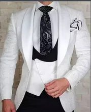 White Floral Wedding Tuxedo for Groom 3 Piece Slim Fit Double Breasted Waistcoat Jacket with Black Pants Male Fashion Costume