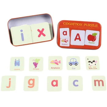 

Baby Educational Toys 32 Pcs Flash Cards Learning Alphabet Puzzle Cards With Metal Box Matching Puzzle Children'S Learning Toys