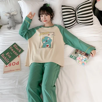

Pajamas cartoon printing cute round neck home service ladies pajamas spring and autumn long sleeve suit milk silk comfortable