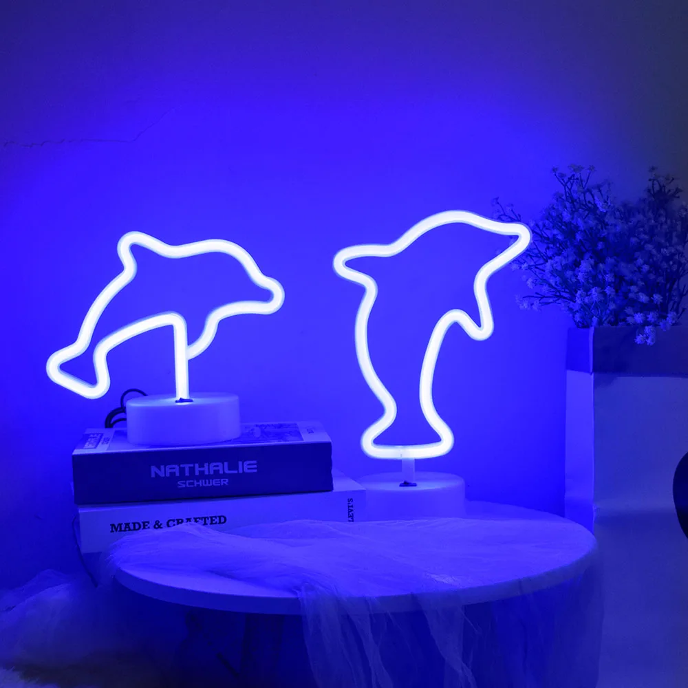 

Cute Blue Dolphin Neon Sign Animal Shaped Child Night Light Battery & USB Power Table Lamps for Bedroom Home Nursery Decorations