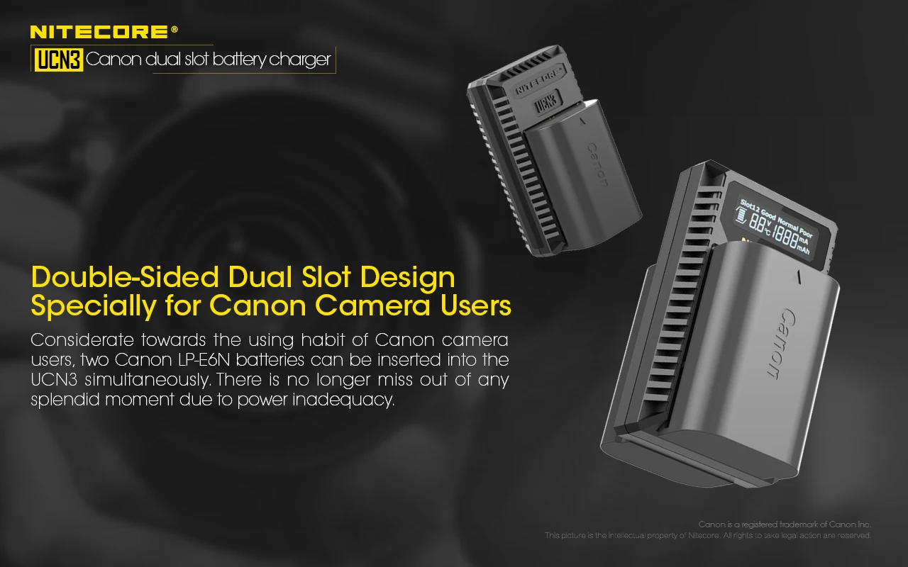 NITECORE UCN3 Camera Battery Charger Digital USB Dual Slot Charger DC 5V 2A for Canon LP-E6N EOS 5DS 6D 7D 90D R5 R6 Ra 60D 70D