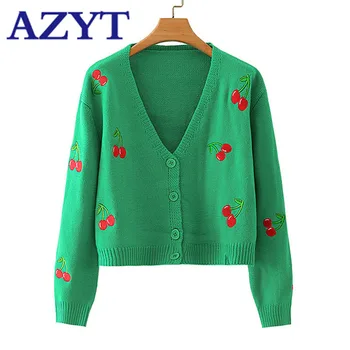 

AZYT Autumn New V Neck Cropped Cardigan Jacket 2020 Fruit Embroidery Knit Women's Sweater Coat Vintage Loose Cardigan For Women