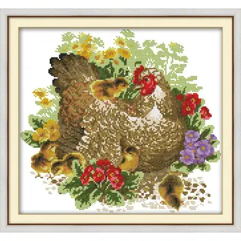 

Joy Sunday Chicken Mother And Chick Chinese Cross Stitch Kits Ecological Cotton Printed 14 11CT DIY Wedding Decoration For Home