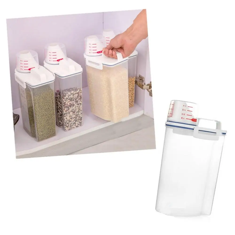 

2000ML Plastic Cereal Dispenser Cupboard Storage Box Kitchen Food Flour Grains Storage Barrels Rice Container With Measuring Cup