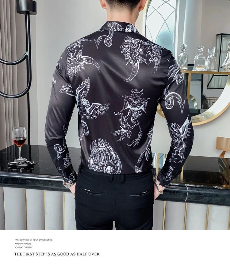 Chemise homme, Качественная мужская рубашка, весна, с принтом, дизайнерская рубашка с надписью, Мужская Уличная одежда с длинным рукавом, облегающие рубашки