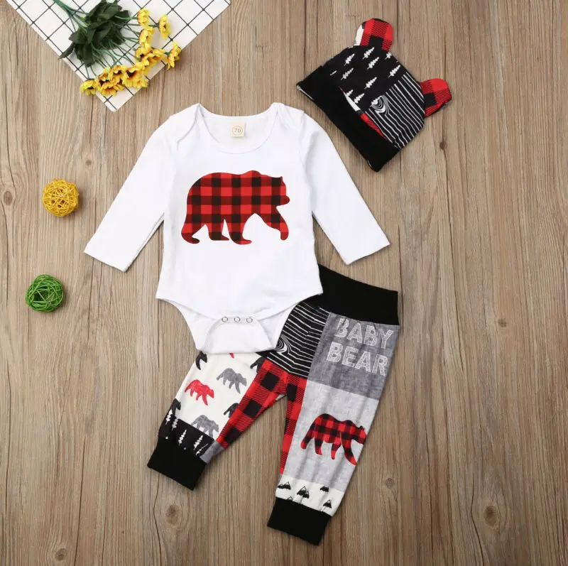 Рождественская зимняя одежда из 3 предметов для новорожденных мальчиков и девочек, комбинезон, штаны, шапка, рождественские наряды для малышей